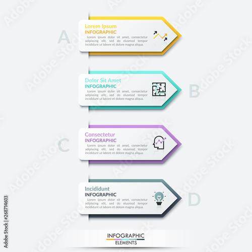 Four lettered paper white pointer-like elements with place for text and thin line icons inside placed into vertical row. Realistic infographic design template. Vector illustration for presentation.