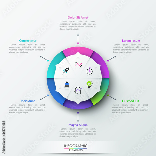 Round pie chart divided into 6 colorful pieces with thin line icons inside and arrows pointing at text boxes. Realistic infographic design template. Vector illustration for presentation, brochure.