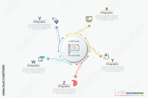 Circular diagram with central round paper white element connected with 5 thin line icons and text boxes. Concept of five services provided by company. Infographic design layout. Vector illustration.
