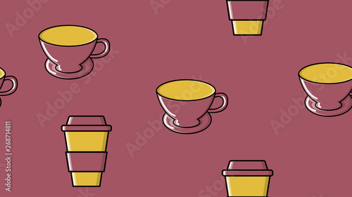 Seamless pattern of repeating glasses and ceramic cups with a quick hot invigorating coffee American espresso arabica in a cardboard cup to go on a purple background. Vector illustration