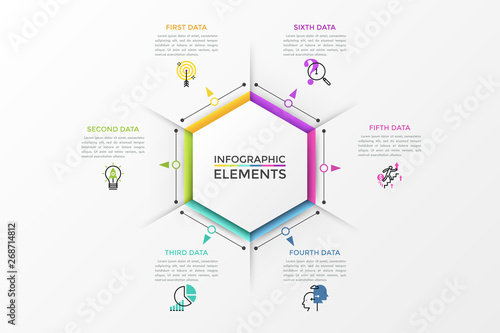 Hexagonal diagram surrounded by 6 colorful arrows pointing at thin line icons and text boxes. Modern infographic design layout. Vector illustration for presentation, website, brochure.