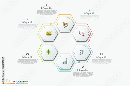 Six separate paper white hexagonal elements with thin line pictograms inside arranged into ring and text boxes. Creative infographic design template. Vector illustration for presentation, brochure.