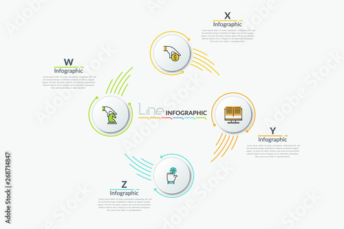 Round diagram with 4 circular elements spinning around center and text boxes. Cyclic process visualization. Linear infographic design template. Vector illustration for brochure, presentation, report.