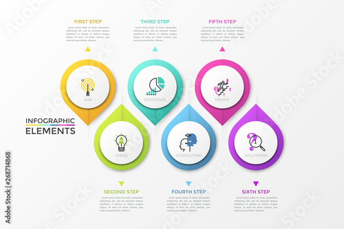 Six separate colorful pointed circular elements with thin line symbols inside and arrows pointing at text boxes. Creative infographic design template. Vector illustration for presentation, website.