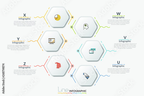 Six separate paper white hexagonal elements with thin line pictograms inside and text boxes. List with 6 options. Creative infographic design template. Vector illustration for presentation, brochure.