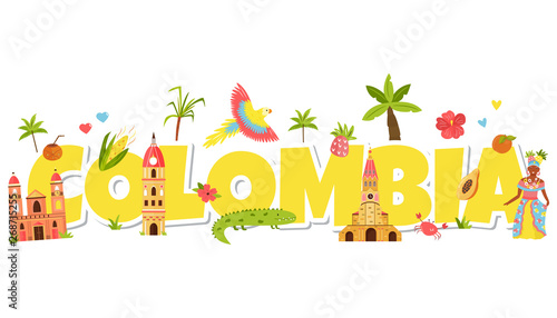 Big letters Colombia with symbols and attractions photo