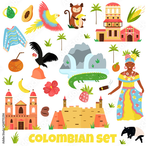 Set of colorful symbols, landmarks of Colombia
