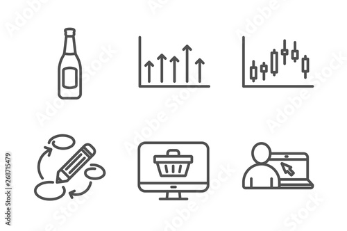 Growth chart, Beer and Keywords icons simple set. Candlestick graph, Web shop and Online education signs. Upper arrows, Pub alcohol. Business set. Line growth chart icon. Editable stroke. Vector