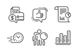 Accounting report, Fast delivery and Report icons simple set. Like, Search people and Graph chart signs. Financial case, Stopwatch. Business set. Line accounting report icon. Editable stroke. Vector