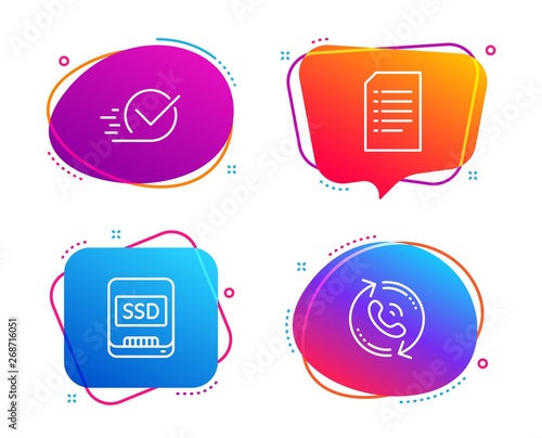 Ssd, Checkbox and Document icons simple set. Call center sign. Memory disk, Approved, Information file. Recall. Business set. Speech bubble ssd icon. Colorful banners design set. Vector