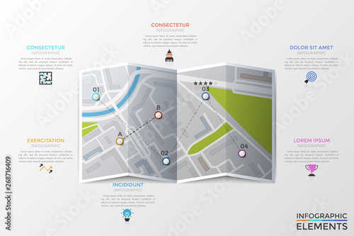 Paper city map, location marks, thin line icons and text boxes. Concept of routing or optimal route planning, path selection, urban touristic service. Vector illustration for application, website.
