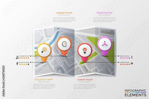 City map, 4 location marks with thin line icons inside, five star rank and text boxes. Concept of touristic sights review, travelers feedback. Creative vector illustration for web banner, website.