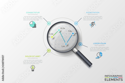 Linear chart or graph with 4 points seen through magnifying glass, thin line pictograms and text boxes. Concept of data analyzing. Modern vector illustration for presentation, company report.