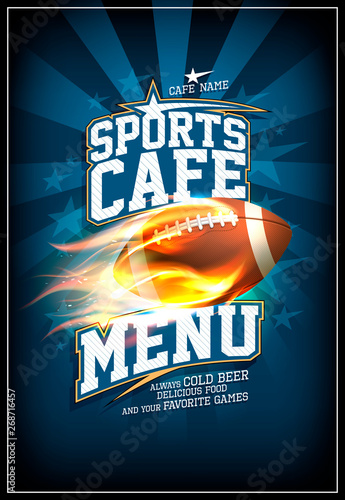 Sports cafe menu card with rugby ball in a fiery flame