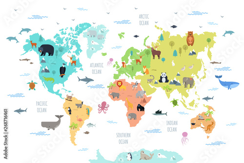 World map with wild animals living on various continents and in oceans. Cute cartoon mammals, reptiles, birds, fish inhabiting planet. Flat colorful vector illustration for educational poster, banner.