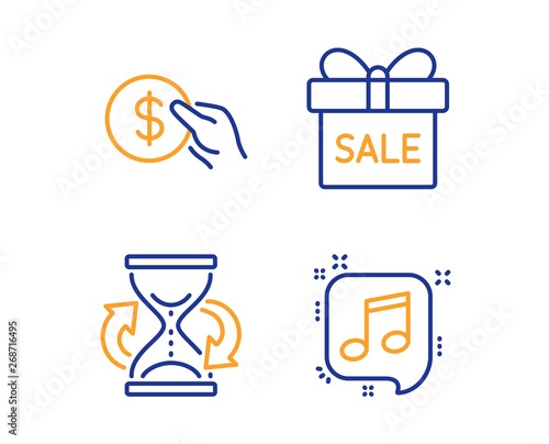 Payment, Hourglass and Sale offer icons simple set. Musical note sign. Usd coin, Sand watch, Gift box. Speech bubble. Business set. Linear payment icon. Colorful design set. Vector