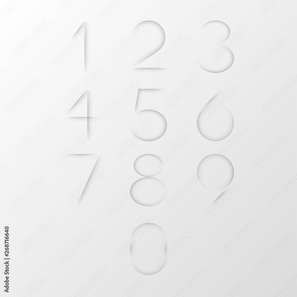 Collection of figures cut on clear white paper. Creative bundle of slits in shape of numeral symbols on blank sheet. Set of numbers. Modern monochrome design elements. Minimal vector illustration. Collection of figures cut on clear white paper. Creative bundle of slits in shape of numeral symbols on blank sheet. Set of numbers. Modern monochrome design elements. Minimal vector illustration.