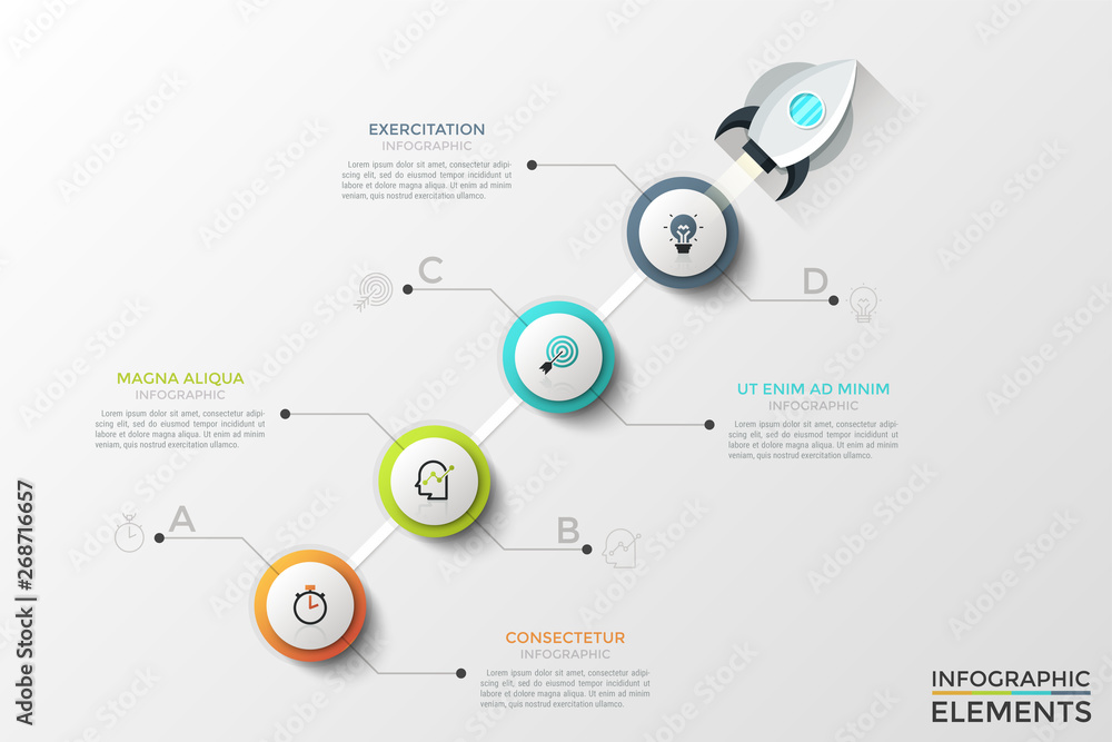 Fototapeta premium Four round elements with thin line icons inside arranged in diagonal row, space rocket and text boxes. Concept of 4 important steps to startup launch. Infographic design template. Vector illustration.