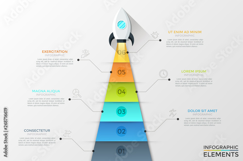 Spacecraft flying up and engine exhaust or flame divided into 6 colorful parts with numbers inside. Concept of six steps to start work project. Infographic design template. Modern vector illustration.