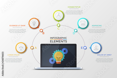 Laptop with light bulb and gear wheels on screen surrounded by 5 colorful round elements with thin line icons inside. Concept of five successive steps of project development. Vector illustration.