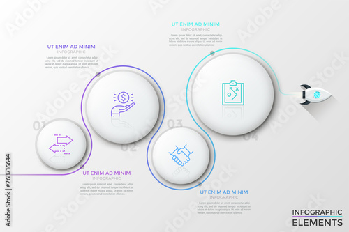 Spacecraft flying around 4 numbered white circular elements with thin line pictograms inside. Concept of four steps to startup success. Modern infographic design template. Vector illustration.