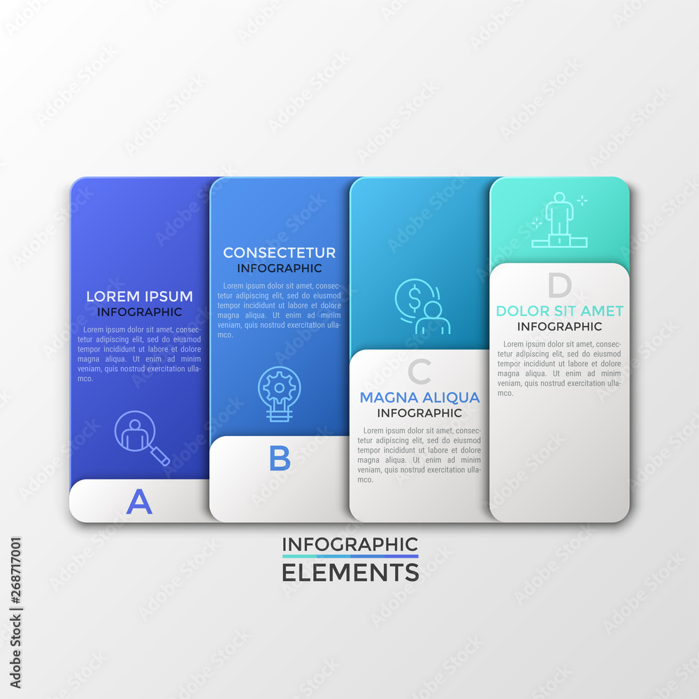 Four overlaying rectangular colorful elements with letters, place for text and thin line symbols inside. Creative infographic design template. Vector illustration for brochure, presentation, report. Four overlaying rectangular colorful elements with letters, place for text and thin line symbols inside. Creative infographic design template. Vector illustration for brochure, presentation, report.