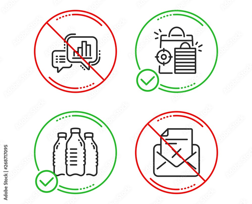 Do or Stop. Seo shopping, Water bottles and Graph chart icons simple set. Reject letter sign. Analytics, Aqua drinks, Growth report. Delete mail. Business set. Line seo shopping do icon. Vector