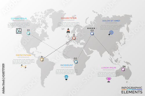 World map with destination points  thin line symbols  5 star rating indication  text boxes. Infographic design template. Concept of optimal route planning  touristic guide. Modern vector illustration.