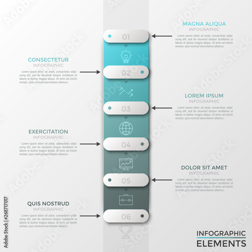 Vertical stripe with 6 numbered rounded rectangles or sliders, thin line icons and text boxes. Modern infographic design template. Vector illustration for mobile application interface, website menu.