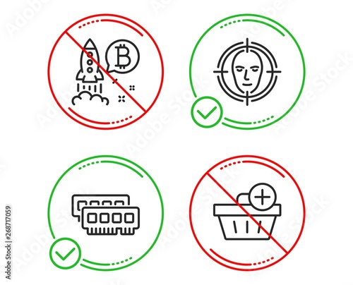 Do or Stop. Ram, Face detect and Bitcoin project icons simple set. Add purchase sign. Random-access memory, Select target, Cryptocurrency startup. Shopping order. Business set. Line ram do icon