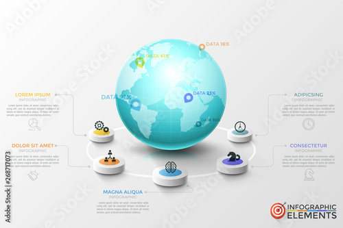 Planet Earth, 5 round elements with thin line pictograms around it, text boxes and percentage indication. Global statistical data visualization. Infographic design template. Vector illustration.