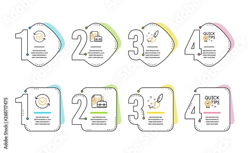 Approved, Vacancy and Paint brush icons simple set. Quick tips sign. Refresh symbol, Hiring job, Creativity. Helpful tricks. Education set. Infographic timeline. Line approved icon. 4 options or steps