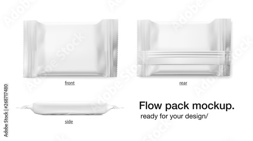Realistic flow pack mockup. Front and rear view. Vector illustration isolated on white background. Easy to use for presentation your product, idea, design. EPS10.	