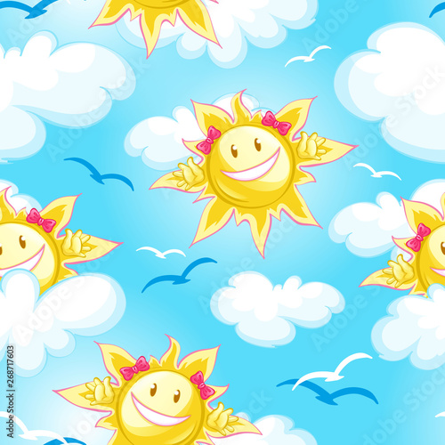 Seamless vector summer pattern blue sky, clouds and cartoon funny sun and silhouettes of birds.