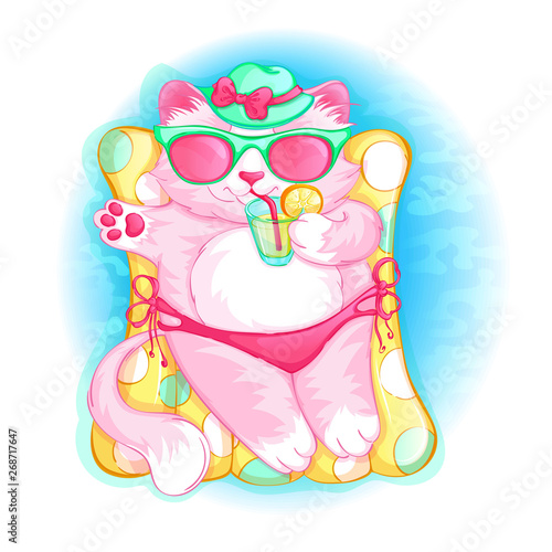 Cute pink cat in a hat is lying on an inflatable mattress with a cocktail in her paw. Summer vacation at sea. Children's cartoon character.