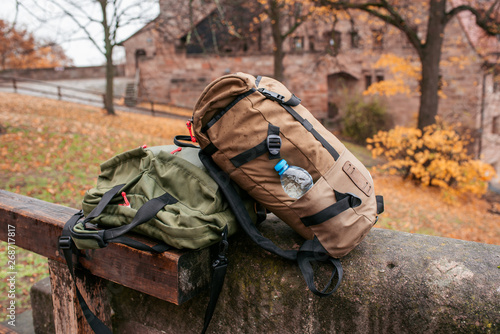 Full backpack and bag outdoors in the city. Traveler accessories. Adventure in the journey. Hand luggage. Travel bags. Trip to Nuremberg  Germany