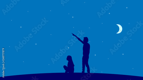 Couple of people watching in the sky on starry night background