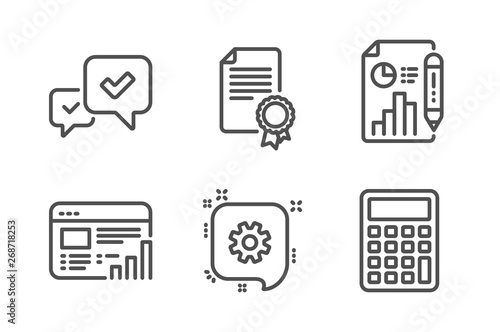 Certificate, Web report and Report document icons simple set. Cogwheel, Approve and Calculator signs. Diploma, Graph chart. Education set. Line certificate icon. Editable stroke. Vector