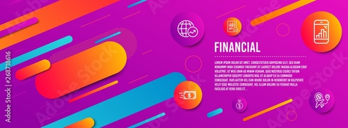 Header banner. Checked calculation, Money transfer and World statistics icons simple set. Graph phone, Contactless payment and Flight sale signs. Statistical data, Cash delivery. Finance set. Vector