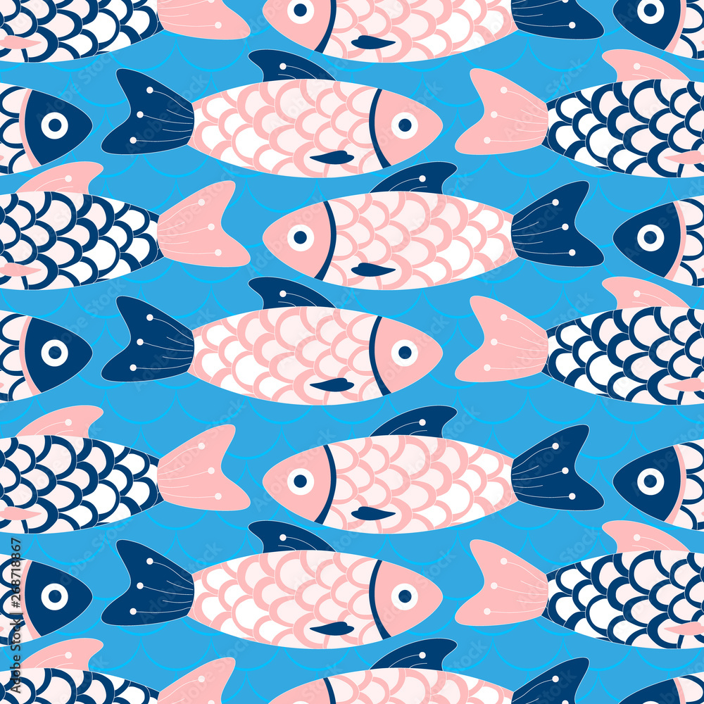 Pink and blue fish on the background of waves. Seamless pattern. For printing on fabric, gift paper, as backgrounds. Vector Pink and blue fish on the background of waves. Seamless pattern. For printing on fabric, gift paper, as backgrounds. Vector