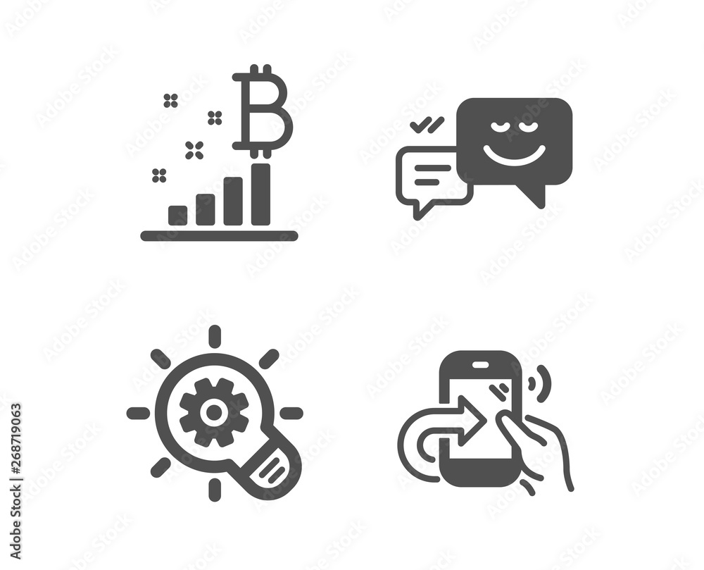 Set of Cogwheel, Bitcoin graph and Happy emotion icons. Share call sign. Idea bulb, Cryptocurrency analytics, Web chat. Phone support. Classic design cogwheel icon. Flat design. Vector Set of Cogwheel, Bitcoin graph and Happy emotion icons. Share call sign. Idea bulb, Cryptocurrency analytics, Web chat. Phone support. Classic design cogwheel icon. Flat design. Vector