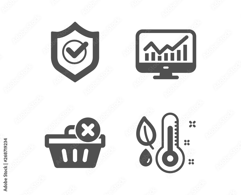Set of Delete purchase, Statistics and Approved shield icons. Thermometer sign. Remove from basket, Financial report, Protection. Grow plant. Classic design delete purchase icon. Flat design. Vector Set of Delete purchase, Statistics and Approved shield icons. Thermometer sign. Remove from basket, Financial report, Protection. Grow plant. Classic design delete purchase icon. Flat design. Vector