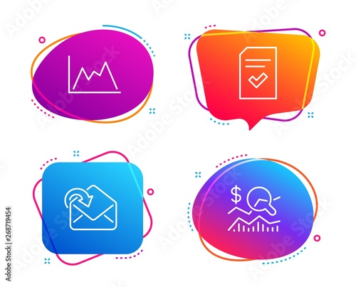 Diagram, Receive mail and Checked file icons simple set. Check investment sign. Growth graph, Incoming message, Correct document. Business report. Education set. Speech bubble diagram icon. Vector