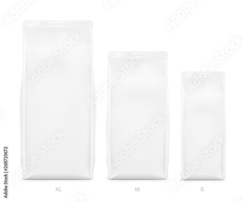 Packages of coffee of different sizes. Front view. Vector illustration isolated on white background. Can be use for your design, presentation, promo, ad. EPS10.	