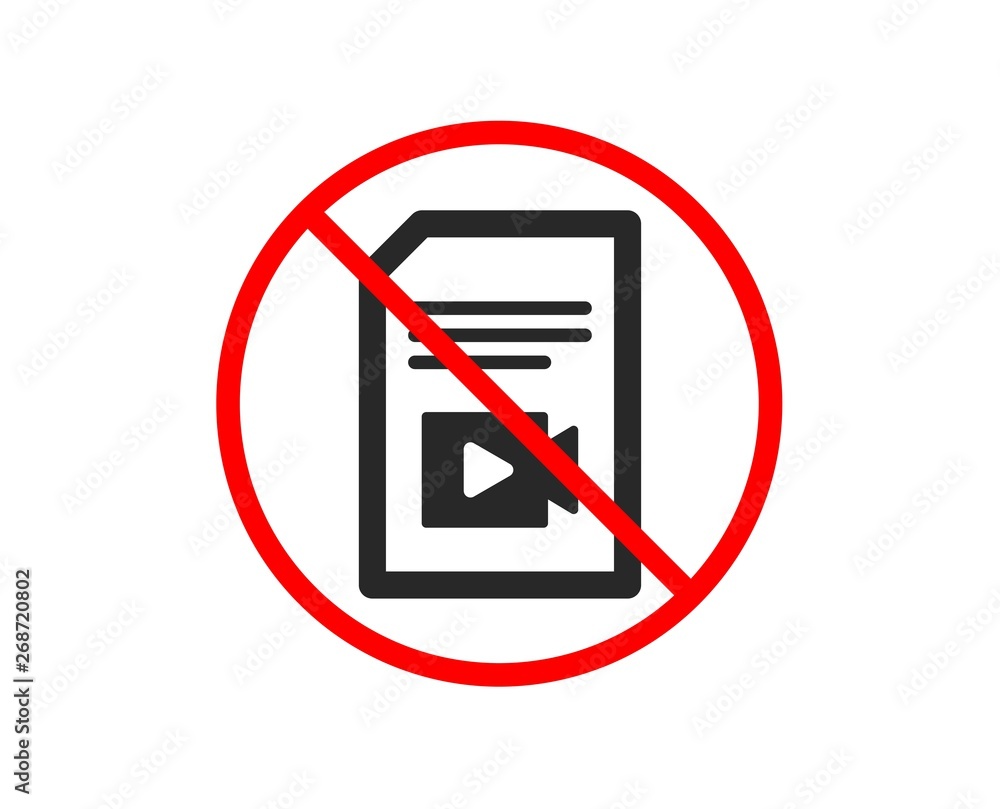 No or Stop. Document with Video content icon. Vlog File with Camera sign. Paper page concept symbol. Prohibited ban stop symbol. No video file icon. Vector No or Stop. Document with Video content icon. Vlog File with Camera sign. Paper page concept symbol. Prohibited ban stop symbol. No video file icon. Vector