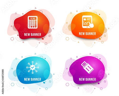 Liquid badges. Set of Calculator, Internet report and Survey check icons. Usb flash sign. Accounting device, Web tutorial, Correct answer. Memory stick.  Gradient calculator icon. Flyer fluid design