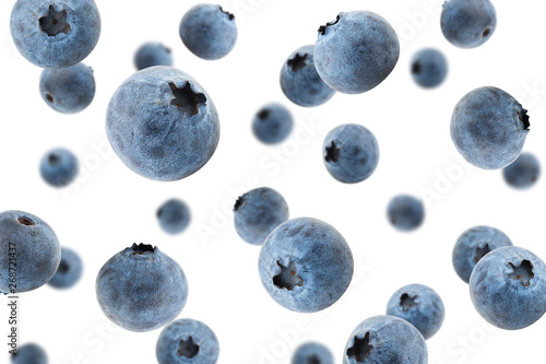 Falling blueberry, isolated on white background, selective focus