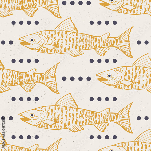 Hand drawn fish seamless pattern. Gilded look with modern navy blue dots on tan background. Simple, yet sophisticated . Great for upscale seafood menus, wrapping and tissue paper and home decor.