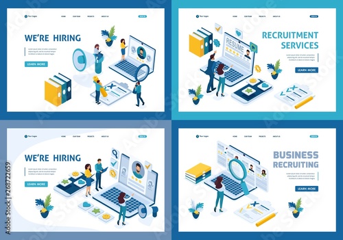 Set of landing pages of the isometric recruiting business concept hiring employees in a company, HR Manager