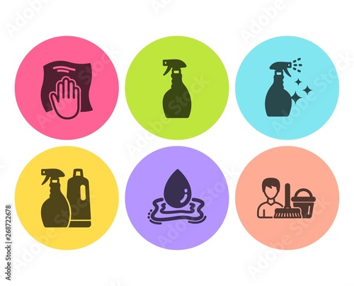 Shampoo and spray, Water splash and Washing cleanser icons simple set. Spray, Washing cloth and Cleaning service signs. Aqua drop, Wipe with a rag. Cleaning set. Flat shampoo and spray icon. Vector